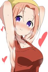  apron armpits arms_behind_head arms_up blush breasts brown_hair cleavage closed_mouth collarbone commentary_request embarrassed female gochuumon_wa_usagi_desu_ka? head_scarf heart heavy_breathing highres hoto_chiyoko large_breasts looking_at_viewer naked_apron parted_bangs purple_eyes red_apron riyo_(aokiwazumi) short_hair_with_long_locks sidelocks simple_background solo sweatdrop upper_body white_background yellow_headwear 