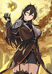  absurdres black_hair breasts cloud cloudy_sky cowboy_shot earrings female garter_straps genderswap_(mtf) genshin_impact gloves half-closed_eyes highres jewelry large_breasts long_hair looking_at_viewer rule_63 sky solo thighhighs tian_kazuki yellow_eyes yellow_sky zhongli_(genshin_impact) 