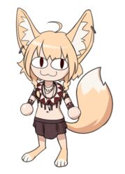  &lt;|&gt;_&lt;|&gt; :3 ahoge animal_ear_fluff animal_ear_piercing animal_ears animal_feet blonde_hair brown_skirt chibi commentary english_commentary female fox_ears fox_girl fox_tail full_body jewelry khiara_(personal_ami) long_hair looking_at_viewer midriff navel necklace neco-arc original parody personal_ami simple_background skirt solo standing style_parody tail tsukihime white_background 