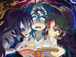  3girls black_hair blue_eyes book bracelet colored_skin commentary_request crying crying_with_eyes_open ghost hair_between_eyes hat_ornament highres holding holding_book japanese_clothes jewelry jiangshi kimono long_hair multiple_girls open_mouth original puffy_short_sleeves puffy_sleeves purple_headwear reading red_eyes shared_book short_hair short_sleeves star_(symbol) star_hat_ornament tears triangular_headpiece upper_body white_kimono white_skin yukiman 