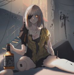  alcohol ankodesoy bottle breasts cleavage collarbone commentary damaged expressionless eyepatch female girls&#039;_frontline highres holding holding_bottle indoors injury jack_daniel&#039;s joints long_hair looking_at_viewer m16a1_(boss)_(girls&#039;_frontline) m16a1_(girls&#039;_frontline) multicolored_hair pleated_skirt robot_joints scar scar_on_face severed_limb sitting skirt solo spread_legs symbol-only_commentary torn_clothes whiskey white_hair yellow_eyes 