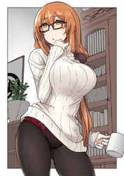  bad_id bad_twitter_id breasts brown_hair cowboy_shot cup female girls&#039;_frontline glasses green_eyes hair_ornament hair_scrunchie highres holding holding_cup indoors large_breasts long_hair long_sleeves looking_away mug nakiusagi no_pants panties panties_under_pantyhose pantyhose plant potted_plant red-framed_eyewear ribbed_sweater scrunchie solo springfield_(girls&#039;_frontline) sweater turtleneck turtleneck_sweater underwear very_long_hair white_sweater 