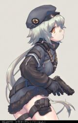  arigatoner bandaid bandaid_on_face bandaid_on_nose beret black_gloves character_name cowboy_shot female from_side fur-trimmed_jacket fur_trim girls&#039;_frontline gloves grey_background grey_hair gun handgun hat highres holding holding_gun holding_weapon holster hs2000 hs2000_(girls&#039;_frontline) jacket long_hair looking_at_viewer ponytail profile signature simple_background solo thigh_holster translation_request trigger_discipline very_long_hair weapon yellow_eyes 