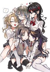  5girls ahoge black_hair black_thighhighs blonde_hair blue_eyes blue_hair bracelet breasts brown_eyes brown_hair brown_sweater_vest cleavage closed_eyes commentary_request genderswap_(mtf) glasses gradient_hair grey_skirt hair_ornament hairclip high_ponytail highres ike_eveland ivy_eveland jewelry long_hair luca_kaneshiro lucy_kaneshiro luxiem multicolored_hair multiple_girls mysta_rias ngron027 nijisanji nijisanji_en no_shoes pleated_skirt purple_eyes purple_hair red_hair rule_63 school_uniform shirt shu_yamino skirt streaked_hair sweater_vest thighhighs two_side_up virtual_youtuber vox_akuma voxanne white_shirt white_thighhighs 