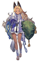  bad_id bad_pixiv_id bare_legs bare_shoulders blonde_hair blue_eyes bright_pupils commentary_request dark-skinned_female dark_skin female forehead full_body grey_footwear holding holding_pillow horns long_hair long_sleeves looking_at_viewer noy omuro_musume parted_lips pillow purple_scarf scarf simple_background sleeves_past_fingers sleeves_past_wrists smile solo tassel toeless_footwear very_long_hair white_background wide_sleeves 