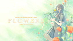  bird_of_paradise_flower black_hair bow bowtie clothes_lift commentary_request copyright_name dress dress_lift female floating_hair flower flowers_(innocent_grey) from_side grey_dress holding holding_flower light_smile long_hair orange_flower orange_rose pleated_dress profile ribbon rose school_uniform shirahane_suou short_sleeves solo sugina_miki white_bow white_bowtie white_ribbon wind wind_lift yellow_flower 