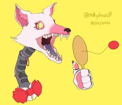  ambiguous_gender animatronic anthro bloodshot_eyes bow_tie canid canine collar disembodied_hand disembodied_head eyelashes fangs five_nights_at_freddy&#039;s five_nights_at_freddy&#039;s_2 five_nights_at_freddy&#039;s_world fox fur green_eyes happy machine mammal mangle_(fnaf) milkydraws8 paddle_ball pawpads paws pink_body pink_fur purple_tongue robot scottgames sharp_teeth simple_background smile solo teeth tongue vein wide_eyed wire yellow_background yellow_eyes 