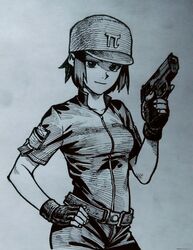  belt breasts female fingerless_gloves gloves gun hand_on_own_hip handgun hatching_(texture) highres monochrome nib_pen_(medium) original pi_(math) sendai_(nazonomono) short_hair small_breasts smile solo traditional_media trigger_discipline upper_body weapon 