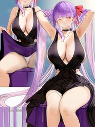  absurdres armpits bare_arms bare_shoulders bb_(fate) bb_(fate/extra) black_choker black_dress blush breasts choker cleavage closed_mouth clothes_lift commentary dress dress_lift ear_piercing fate/extra fate/grand_order fate_(series) female hair_ornament highres large_breasts long_hair looking_at_viewer multiple_views one_eye_closed panties parted_lips piercing purple_eyes purple_hair sideboob sitting sleeveless sleeveless_dress spread_legs sumida_bunchou thighs underwear very_long_hair white_panties 