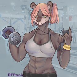  1:1 abs anthro bear bra breasts brown_body brown_fur cellphone cleavage clothed clothing docfurpanic dumbbell earbuds electronics exercise female fur gloomy_(docfurpanic) headphones hi_res listening_to_music mammal muscular muscular_anthro muscular_female narrowed_eyes phone smartphone solo sports_bra underwear weightlifting weights workout yellow_eyes 