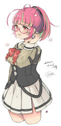  absurdres ahoge blouse bow bowtie breasts commentary_request corset cropped_legs female glasses green_hair green_shirt grey_sailor_collar grey_skirt highres juliet_sleeves kantai_collection large_breasts long_sleeves multicolored_hair one-hour_drawing_challenge pink-framed_eyewear pink_hair pleated_skirt ponytail puffy_sleeves red_bow red_eyes rom_(rommmoon) sailor_collar sailor_shirt school_uniform serafuku shirt short_hair simple_background skirt solo streaked_hair ume_(kancolle) white_background 