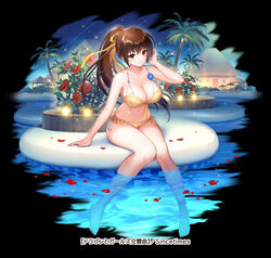  arm_support bare_arms bare_shoulders barefoot bikini bow bowtie breasts brown_eyes brown_hair cleavage closed_mouth collarbone commentary_request dead_or_alive dead_or_alive_xtreme female flower gel_(chiericyan) hand_up hibiscus kasumi_(doa) large_breasts long_hair looking_at_viewer navel night night_sky official_art palm_tree partially_submerged petals petals_on_liquid ponytail pool red_flower sitting sky smile solo sparkle stomach swimsuit the_symphony_of_dragon_and_girls thighs toes tree water 