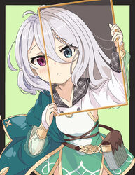  absurdres antenna_hair asymmetrical_hair bag black_border blue_eyes blush border closed_mouth commentary detached_sleeves dress elf female green_background hair_between_eyes heterochromia highres holding holding_mirror kokkoro_(princess_connect!) kokkoro_(real)_(princess_connect!) long_hair long_sleeves looking_at_viewer melerdon mirror pointy_ears princess_connect! puffy_sleeves red_eyes shirt short_hair white_dress white_hair white_shirt 