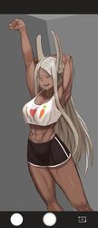  abs absurdres animal_ears arm_behind_head armpits arms_up bare_arms bare_legs bare_shoulders black_shorts boku_no_hero_academia breasts carrot_print cleavage closed_eyes collarbone crop_top dark-skinned_female dark_skin fake_phone_screenshot fake_screenshot female food_print heart heart_print highres large_breasts long_eyelashes long_hair midriff mirko muscular muscular_female navel obliques open_mouth parted_bangs rabbit_ears rabbit_girl raised_eyebrows red_eyes short_shorts shorts solo soolee040995 stretching tank_top tears thighs very_long_hair white_hair white_tank_top yawning 