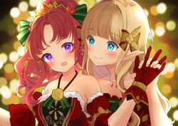  2girls absurdres akino_(christmas)_(princess_connect!) akino_(princess_connect!) bare_shoulders bead_necklace beads blonde_hair blue_eyes blush bow breasts christmas commentary_request dress elf gloves hair_ornament hair_up hairbow highres holding_hands jewelry kodama_(koda_mat) long_hair multiple_girls necklace open_mouth pointy_ears ponytail princess_connect! purple_eyes red_hair saren_(christmas)_(princess_connect!) saren_(princess_connect!) smile strapless strapless_dress tiara upper_body 