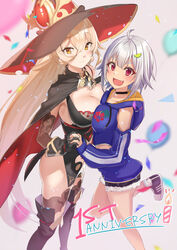  2girls ahoge asymmetrical_docking black_choker black_gloves blonde_hair boots breast_press breasts brown_eyes choker cleavage cleavage_cutout clothing_cutout eyebrows_hidden_by_hair floral_print food-themed_hair_ornament gloves grey_hair hair_ornament hat hayama_marin hayama_marin_(1st_costume) hibiscus_print highres holding_hands large_breasts lime_hair_ornament long_hair majomarity_(nijisanji) medium_breasts mole mole_under_eye multiple_girls nijisanji nui_sociere nui_sociere_(1st_costume) oerba_yun_fang okutomi_fumi red_eyes short_hair short_shorts shorts smile thigh_boots thighhighs very_long_hair virtual_youtuber witch witch_hat 