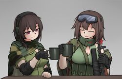  2girls armedshipyard assault_rifle black_gloves breasts brown_hair camouflage camouflage_cape camouflage_jacket cleavage closed_eyes cup ear_protection elbow_pads fingerless_gloves girls&#039;_frontline gloves goggles goggles_on_head green_shirt grenade_launcher grey_background gun hair_between_eyes hair_ornament holding holding_cup holding_gun holding_weapon jacket kalashnikov_rifle large_breasts long_hair mug multiple_girls open_mouth red_eyes rifle scene_reference shirt short_sleeves simple_background sleeveless sleeveless_shirt smile star_(symbol) star_hair_ornament table type_56-1_(girls&#039;_frontline) type_56-1_(mod3)_(girls&#039;_frontline) type_56_assault_rifle type_64_(girls&#039;_frontline) type_64_(mod3)_(girls&#039;_frontline) underbarrel_grenade_launcher upper_body weapon wreaths_at_the_foot_of_the_mountain 