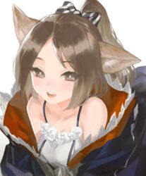  animal_ears arknights bad_id bad_pixiv_id blue_bow blue_jacket bow breasts brown_eyes brown_hair commentary dress eyelashes female fox_ears frischenq hairbow jacket looking_at_viewer medium_hair off_shoulder open_clothes open_jacket open_mouth parted_bangs perfumer_(arknights) ponytail simple_background sleeveless sleeveless_dress small_breasts smile solo striped striped_bow traditional_media upper_body white_background white_dress 