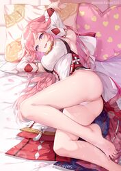  animal_ears arms_behind_head ass bare_legs barefoot bed breasts detached_sleeves fallen-leaves female floppy_ears fox_ears genshin_impact heart highres japanese_clothes large_breasts long_hair looking_at_viewer lying morning nontraditional_miko on_side open_mouth panties pillow pink_hair purple_eyes sideboob smile solo swept_bangs thighs underwear white_panties wide_sleeves yae_miko 