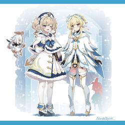  1boy 4girls ;d adapted_costume amber_(genshin_impact) barbara_(genshin_impact) blonde_hair blue_eyes blush boots bow braid breasts cape capelet closed_mouth dress drill_hair floating flower fur-trimmed_capelet fur-trimmed_legwear fur_trim genshin_impact gloves hair_between_eyes hair_ornament hairbow halo hat high_heels highres jewelry knee_boots kneehighs long_hair long_sleeves lumine_(genshin_impact) multiple_girls north_abyssor one_eye_closed open_mouth paimon_(genshin_impact) pantyhose romper scarf shoes short_hair single_thighhigh smile socks thigh_boots thighhighs twin_braids twin_drills twintails venti_(genshin_impact) white_dress white_flower white_footwear white_hair white_headwear white_pantyhose white_romper white_thighhighs yellow_eyes 