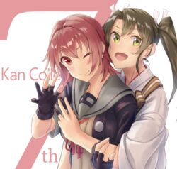  2girls :d anniversary black_gloves black_jacket collarbone gloves green_eyes green_hair grey_sailor_collar hair_between_eyes hair_ribbon hiiragii_(hiiragi_0404) jacket japanese_clothes kantai_collection kinu_(kancolle) kinu_kai_ni_(kancolle) long_hair multiple_girls one_eye_closed open_mouth partially_fingerless_gloves red_eyes red_hair red_ribbon ribbon sailor_collar short_hair short_sleeves smile tasuki twintails upper_body white_ribbon zuikaku_(kancolle) zuikaku_kai_ni_(kancolle) 