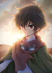  1boy ahoge black_hair brown_hair chromatic_aberration cloak cloud cloudy_sky desert evplpl goggles goggles_around_neck gundam gundam_00 highres long_sleeves looking_at_viewer male_focus serious setsuna_f._seiei short_hair sky solo sunset upper_body wavy_hair 