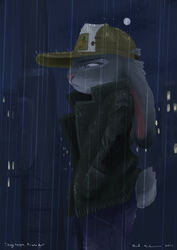  2016 absurd_res anthro axelegandersson building city clothed clothing disney ears_down fully_clothed fur grey_body grey_fur hat headgear headwear hi_res jacket judy_hopps lagomorph leporid mammal moon night outside pivoted_ears purple_eyes rabbit raining sky solo topwear zootopia 