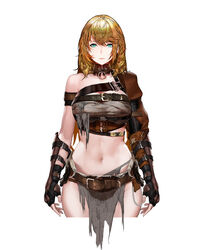  absurdres armor bad_id bad_pixiv_id belt breasts brown_belt brown_gloves chinese_commentary cleavage closed_mouth collar collarbone commentary_request female fingerless_gloves gloves green_eyes hair_between_eyes highres large_breasts leather_armor leather_belt lips long_hair looking_at_viewer navel original rags shoulder_armor simple_background single_bare_shoulder sleeveless solo stomach strap tachi-e torn_clothes upper_body white_background xiaoluo_xl 