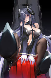  august_von_parseval_(azur_lane) azitama_atsushi_(attyuu) azur_lane bare_shoulders between_breasts black_legwear blurry blurry_foreground breasts cleavage cross dress feet_up female full_body gloves hair_over_one_eye high_heels horns legs_up long_hair multicolored_hair navel open_mouth pantyhose signature sitting solo spread_legs strapless strapless_dress streaked_hair thighhighs white_gloves 