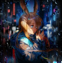  amiya_(arknights) animal_ears arknights artist_name bad_id bad_pixiv_id blue_coat blue_eyes brown_hair clenched_teeth coat earpiece female frischenq hood hooded_coat jewelry long_hair multiple_rings own_hands_together rabbit_ears ring shade signature solo teeth thumb_ring upper_body water_drop 