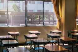  absurdres building chair classroom commentary_request curtains day desk hankachi_(okayama012) highres indoors no_humans original scenery school school_chair school_desk sunlight tree window 