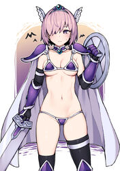  adapted_costume alternate_color armor bat_(animal) bikini bikini_armor black_gloves black_thighhighs blush breasts collarbone commentary_request cosplay duplicate elizabeth_bathory_(brave)_(fate) elizabeth_bathory_(brave)_(fate)_(cosplay) elizabeth_bathory_(fate) fate/grand_order fate_(series) female frown gauntlets gloves hair_ornament hair_over_one_eye head_wings highres holding holding_shield holding_sword holding_weapon jp06 looking_at_viewer mash_kyrielight medium_breasts micro_bikini navel pixel-perfect_duplicate purple_eyes shield short_hair shoulder_armor solo standing swimsuit sword thighhighs weapon wings 