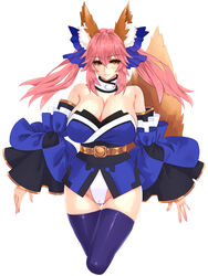  animal_ear_fluff animal_ears bare_shoulders blue_bow blue_kimono blue_thighhighs blush bow breasts cleavage closed_mouth commentary detached_collar fate/extra fate_(series) female fox_ears fox_girl fox_tail hair_between_eyes hairbow hayama_kazusa highres japanese_clothes kimono large_breasts long_hair long_sleeves looking_at_viewer obi off_shoulder pink_hair sash short_kimono sidelocks simple_background smile solo symbol-only_commentary tail tamamo_(fate) tamamo_no_mae_(fate/extra) thighhighs thighs twintails white_background wide_sleeves yellow_eyes 