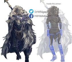  2022 anthro armor blaidd_(elden_ring) canid canine canis cape clothed clothing comparing dr.whiger elden_ring english_text eyebrows fromsoftware fur hi_res humor male mammal melee_weapon nude scar sheathed_weapon simple_background solo standing stilts sword text translucent translucent_clothing tuft watermark weapon white_background wolf 