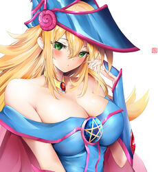  artist_logo bare_shoulders blonde_hair blue_hat blush breasts brooch cape cleavage closed_mouth dark_magician_girl dress duel_monster female green_eyes hair_between_eyes hand_up hat jewelry large_breasts long_bangs long_hair looking_at_viewer md5_mismatch off-shoulder_dress off_shoulder pavi pentacle pentagram sidelocks simple_background solo upper_body white_background wizard_hat yu-gi-oh! 