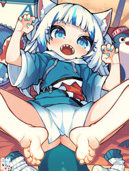  animal_costume animal_ear_fluff animal_ears artist_name ass barefoot bed bloop_(gawr_gura) blue_eyes blue_hair blue_hoodie blue_nails blunt_bangs bottomless cameltoe cat_ears cat_girl eyelashes feet female fingernails fins fish_tail gawr_gura gawr_gura_(1st_costume) grey_hair hair_ornament hands_up highres hololive hololive_english hood hoodie indoors kotoba_(1074421015) light_blush long_eyelashes long_sleeves looking_at_viewer lying medium_hair multicolored_hair nail_polish on_back paw_pose pillow shark_costume shark_girl shark_hair_ornament shark_print shark_tail sharp_teeth sidelocks socks soles spread_legs streaked_hair tail teeth toes virtual_youtuber wide_sleeves 