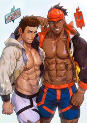  2boys abs alternate_pectoral_size bara bare_pectorals black_hair blue_eyes blue_shorts brown_hair dark-skinned_male dark_skin flexing hat highres hood hood_down hooded_jacket jacket large_pectorals looking_at_viewer male_focus mocucumo multiple_boys muscular muscular_male navel nipples open_clothes open_jacket original pectorals phone pokemon pokemon_swsh pose raihan_(pokemon) rotom rotom_phone shorts smile spiked_hair teeth 