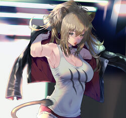  animal_ear_fluff animal_ears arknights armpits bare_shoulders black_jacket breasts brown_eyes brown_hair candy choker cleavage collarbone commentary_request covered_navel cutoffs female food food_in_mouth fur-trimmed_shorts fur_collar fur_trim hair_between_eyes high_ponytail highres jacket large_breasts lion_girl lion_tail lollipop long_hair long_sleeves mouth_hold ponytail red_shorts revision short_shorts shorts sidelocks siege_(arknights) solo tail tank_top tooka upper_body white_tank_top 