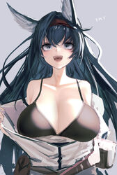  :d animal_ear_fluff animal_ears arknights artist_name bare_shoulders bikini bikini_under_clothes black_bikini black_hair blaze_(arknights) breasts cat_ears cleavage collarbone female grey_background grey_eyes hairband highres jacket large_breasts long_hair looking_at_viewer open_clothes open_jacket open_mouth red_hairband simple_background smile solo swimsuit timitarcat upper_body very_long_hair white_jacket 