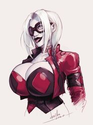  1girls 2020 alternate_breast_size batman_(series) big_breasts breasts bustier choker cleavage dc dc_comics devil_hs female female_only fully_clothed goggles harley_quinn hourglass_figure huge_breasts large_breasts lipstick revealing_clothes solo solo_female 