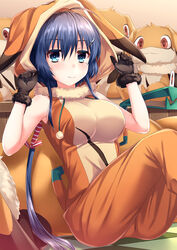  ahoge animal_costume bare_shoulders black_gloves blue_eyes blue_hair breasts checkered_floor commentary_request female fur-trimmed_gloves fur_trim gloves hair_ornament hairclip hood hood_up kmcgold30 large_breasts long_hair looking_at_viewer mole mole_under_eye photoshop_(medium) revision setouchi_chie sidelocks sitting smile solo tied_hair toji_no_miko very_long_hair 