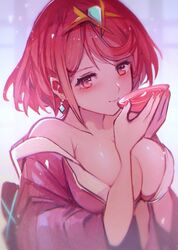  alcohol breasts cup earrings female highres japanese_clothes jewelry kimono large_breasts open_clothes open_kimono pyra_(xenoblade) red_eyes red_hair sakazuki sake short_hair solo tarbo_(exxxpiation) xenoblade_chronicles_(series) xenoblade_chronicles_2 