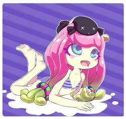  ass barefoot bikini blue_bikini blue_eyes breasts clownfish drooling feet female fish gradient_hair green_hair harmony&#039;s_clownfish_(splatoon) harmony_(splatoon) legs_up long_hair lying multicolored_hair on_stomach open_mouth pink_hair small_breasts smile soles solo splatoon_(series) striped striped_bikini swimsuit tentacle tentacle_hair the_pose thighs toes two-tone_hair vylizary 