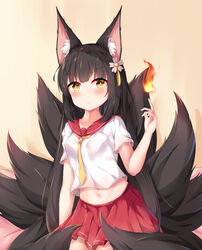  absurdres alternate_costume animal_ear_fluff animal_ears azur_lane beige_background black_hair blush breasts chinese_commentary collarbone commentary_request cowboy_shot crop_top female fire flower fox_ears fox_tail hair_flower hair_ornament hand_up highres hime_cut long_hair looking_at_viewer midriff multiple_tails nagato-chan nagato_(azur_lane) navel on_bed pleated_skirt red_sailor_collar red_skirt sailor_collar school_uniform serafuku shadow short_sleeves sidelocks sitting skirt small_breasts solo tail very_long_hair yellow_eyes 