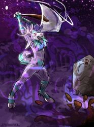  action_pose ambiguous_gender anthro antlers blue_body blue_fur bone cemetery deer desecration_of_graves detailed_background facial_hair fog fur goatee grave grave_robbery halloween hi_res hole_(pit) holidays hooves horn magic magic_user male mammal moon necromancer necromancy night perspective plant pose pronghornpunk purple_body purple_fur shovel skull solo tombstone tools tree 