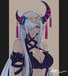  asymmetrical_horns bare_shoulders breasts cleavage cm_lynarc dark-skinned_female dark_skin dragon_girl female fire_emblem fire_emblem_engage hair_ornament hair_over_one_eye horns large_breasts long_hair mature_female pointy_ears purple_eyes purple_ribbon revealing_clothes ribbon solo tan tassel tassel_hair_ornament uneven_horns very_long_hair zephia_(fire_emblem) 