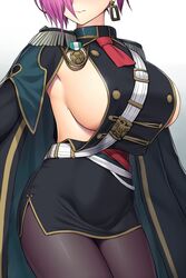  aiguillette asamura_hiori azur_lane black_cape black_jacket black_pantyhose black_skirt breasts cape closed_mouth commentary_request cowboy_shot earrings epaulettes female hair_over_one_eye head_out_of_frame highres jacket jewelry large_breasts long_hair long_sleeves medal military military_uniform miniskirt mole mole_on_body neckerchief no_bra pantyhose partial_commentary pencil_skirt purple_hair red_neckerchief revealing_clothes sideboob sidelocks simple_background skirt solo standing trieste_(azur_lane) uniform white_background 