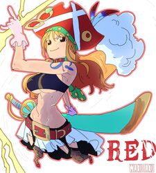  belt breasts choker crop_top electricity female gloves hat large_breasts long_hair midriff nami_(one_piece) one_piece one_piece_film:_red orange_eyes orange_hair pirate pirate_hat skirt solo sword taku_(aywakutakuay) tattoo thighhighs underboob weapon 