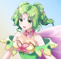  absurdres bare_shoulders breasts cape circlet cleavage dress female fire_emblem fire_emblem:_the_sacred_stones fire_emblem_heroes green_eyes green_hair hair_ornament highres kakiko210 l&#039;arachel_(fire_emblem) l&#039;arachel_(resplendent)_(fire_emblem) official_alternate_costume open_mouth sleeveless sleeveless_dress upper_body 