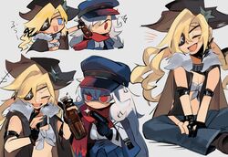  2girls black_gloves blonde_hair blue_eyes blush bottle cape chesed_(uporyz) chibi closed_eyes colt_revolver_(girls&#039;_frontline) colt_revolver_(mod3)_(girls&#039;_frontline) commentary_request cowboy_hat eyepatch facial_mark fur-trimmed_cape fur_trim girls&#039;_frontline gloves grey_background gun hair_between_eyes handgun hat highres holding holding_bottle holding_gun holding_weapon long_hair makarov_(girls&#039;_frontline) makarov_(mod3)_(girls&#039;_frontline) makarov_pm multiple_girls multiple_views open_mouth partially_fingerless_gloves red_eyes red_scarf red_star scarf shirt simple_background sitting smile soda_bottle star_(symbol) star_tattoo tattoo weapon white_hair white_shirt 